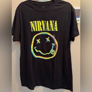 NIRVANA Graphic Tee with Neon Yellow & Multicolor Smiley Graphic